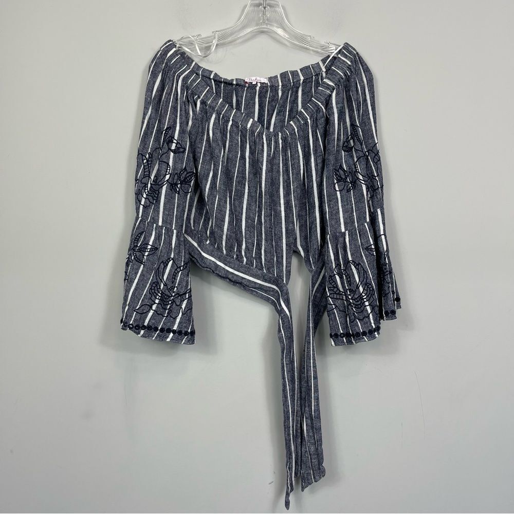 Parker Georgina Blue White Stripe Off-Shoulder Peasant Top S Revolve Cropped - Picture 8 of 11